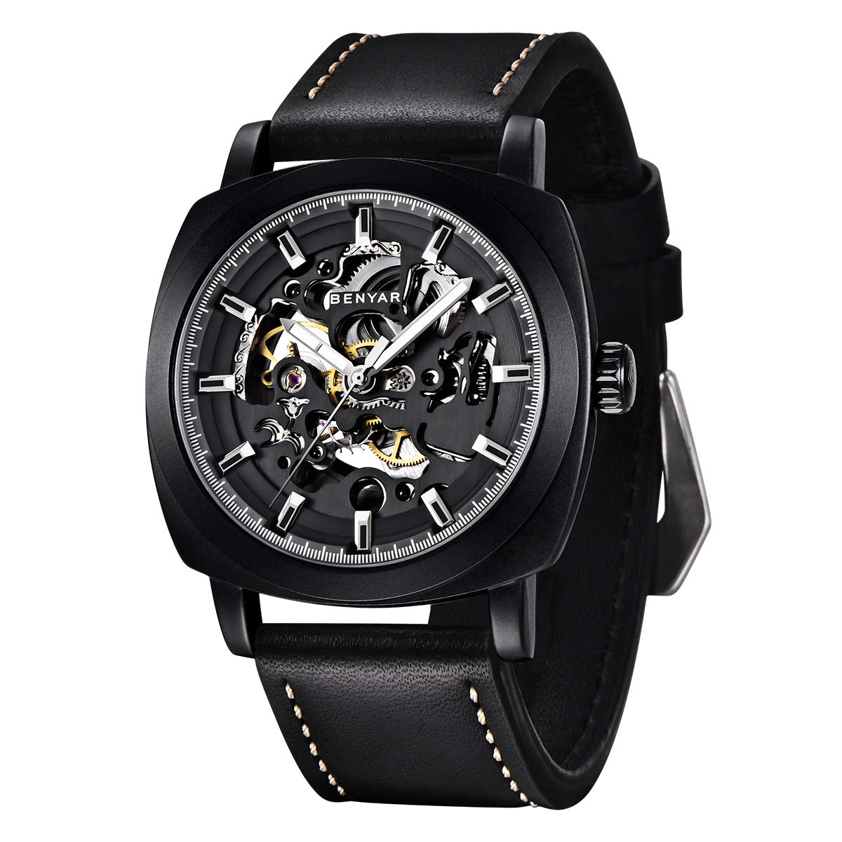 Benyar Automatic Watches for Men | Skeleton Mechanical Leather Strap Mens Watch | 45mm Dial | 30M Waterproof | Mens Stylish Gift