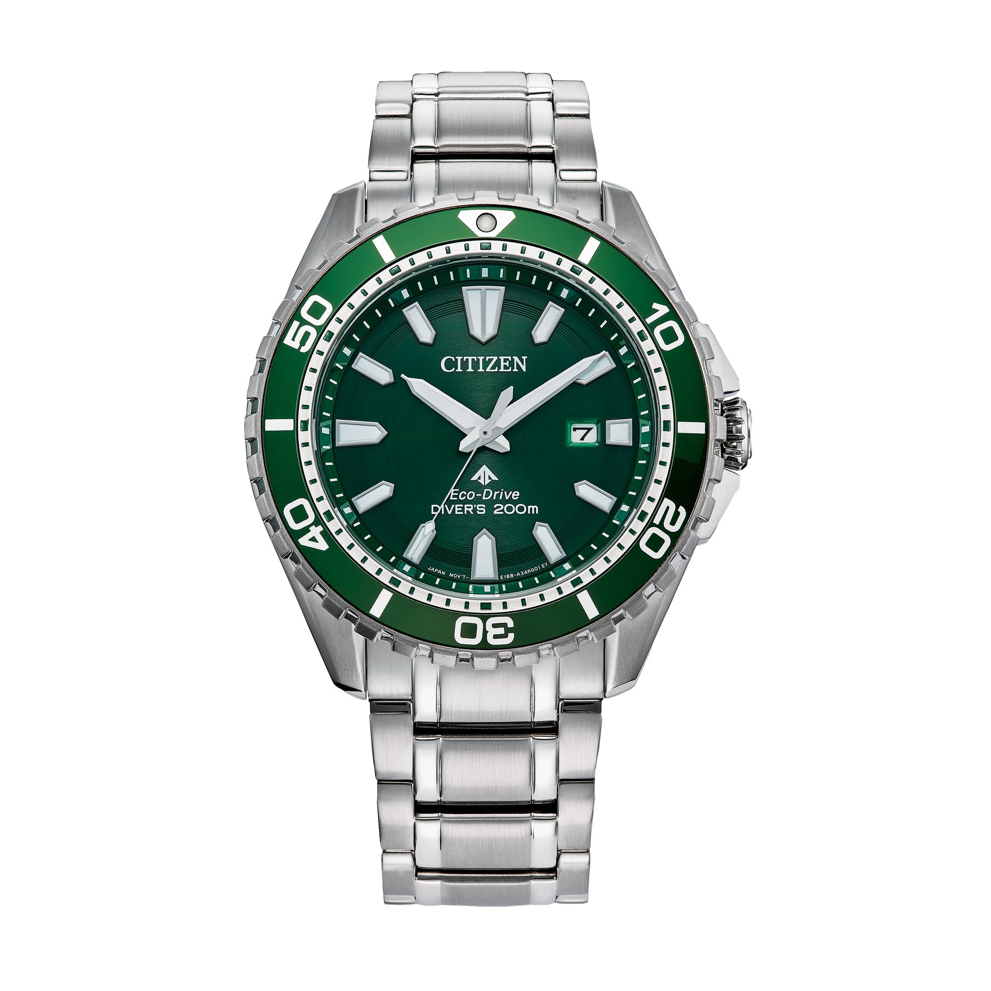 Citizen Mens Eco-Dive Promaster Dive Silver-Tone Stainless Steel Bracelet Watch Green Dial 3 Hand Date (Model: BN0199-53X)