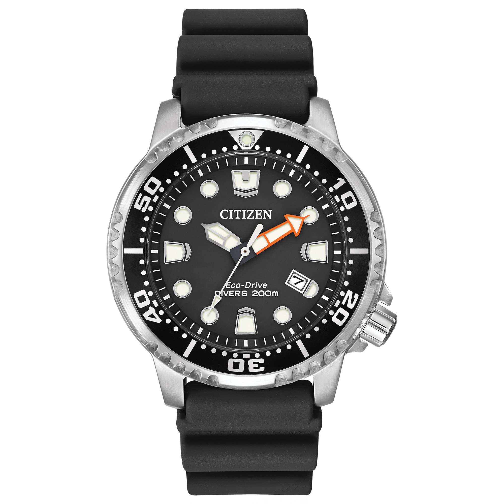 Citizen Promaster Dive Eco-Drive Watch 3-Hand Date ISO Certified Luminous Hands and Markers Rotating Bezel Black/Stainless (Model: BN0150-28E)
